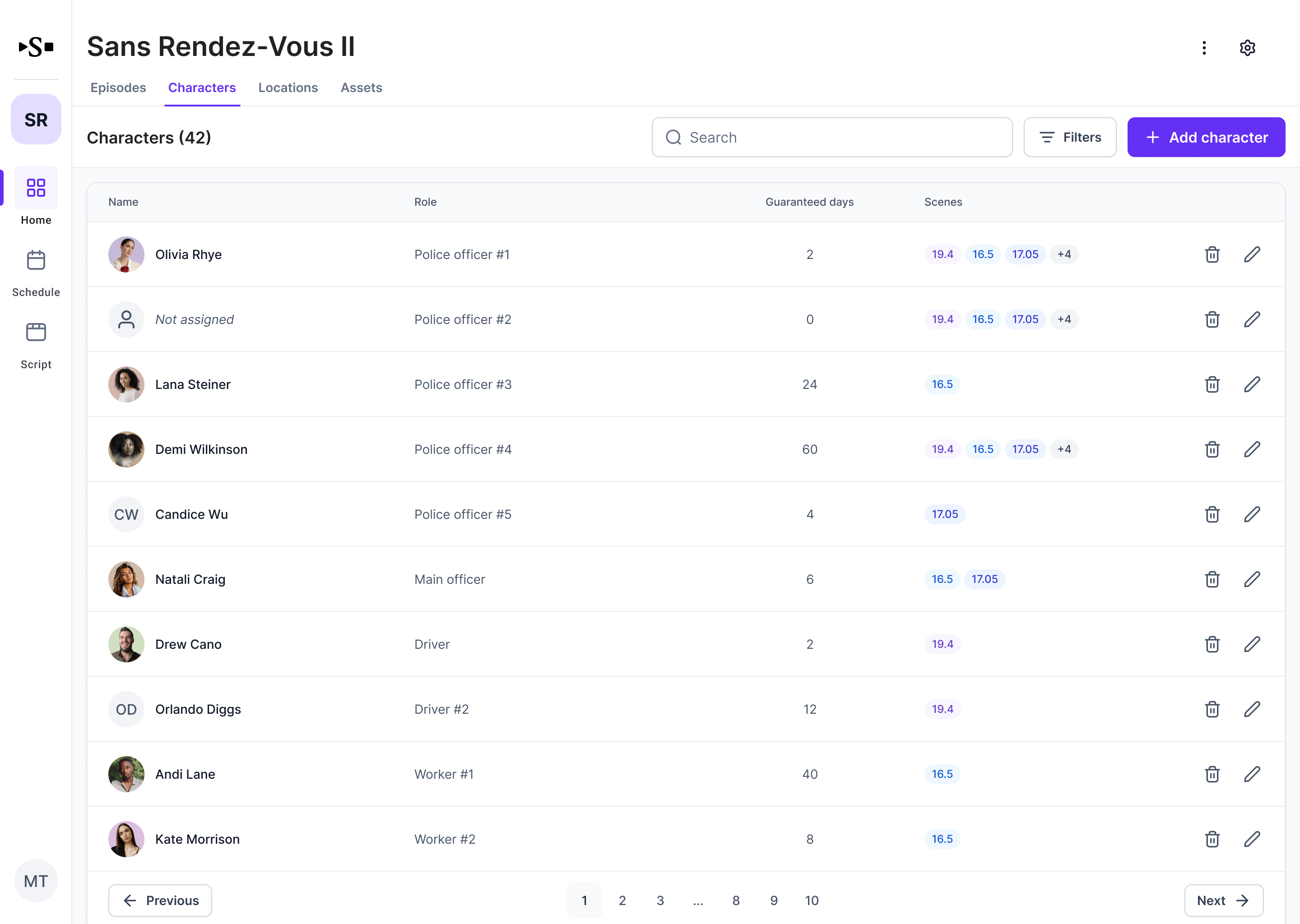 Scenatik dashboard showing automated script breakdown with character, location, and time-of-day tags
